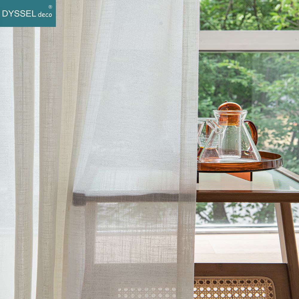 Linen Curtain Eyelet - Nowoczesne białe lniane, jednolite, przezroczyste zasłony