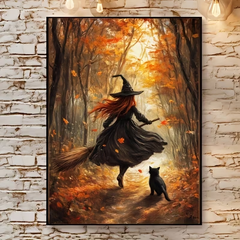 Interior Design Living Room - Retro Halloweenowa Jesienna Wiedźma na Miotle